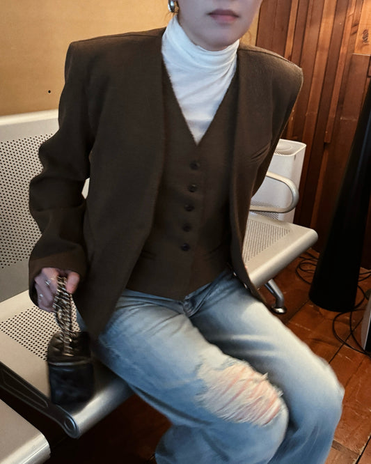 Wool Tweed Cropped Blazer + Vest Set - Brown