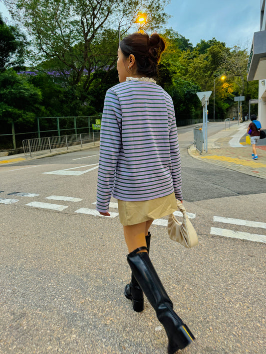 Ruffle Striped Long Sleeve Polo - Purple/Green