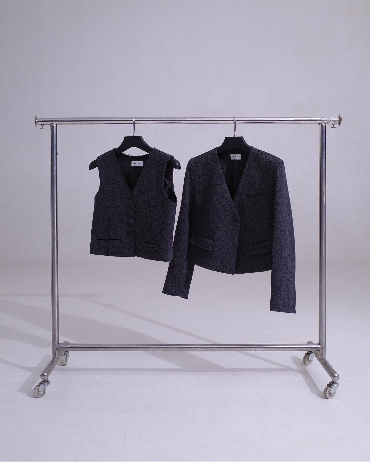 Wool Tweed Cropped Blazer + Vest Set - Charcoal