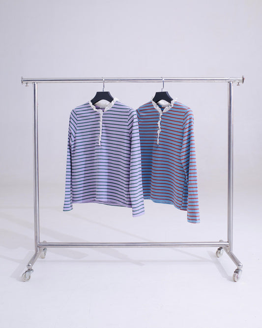 Ruffle Striped Long Sleeve Polo - Blue/Brown