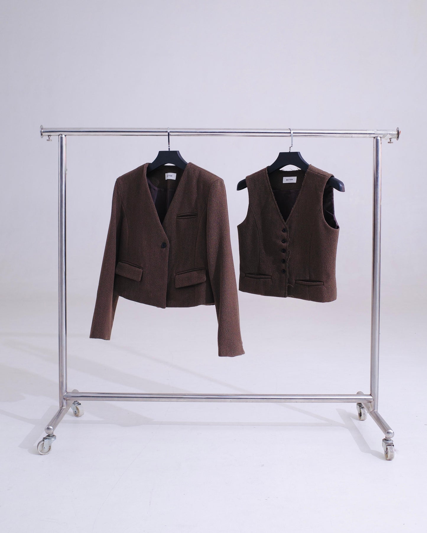 Wool Tweed Cropped Blazer + Vest Set - Charcoal